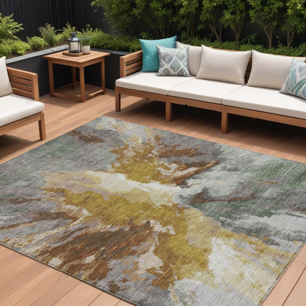 9' X 12' Gold And Gray Abstract Washable Indoor Outdoor Area Rug-0