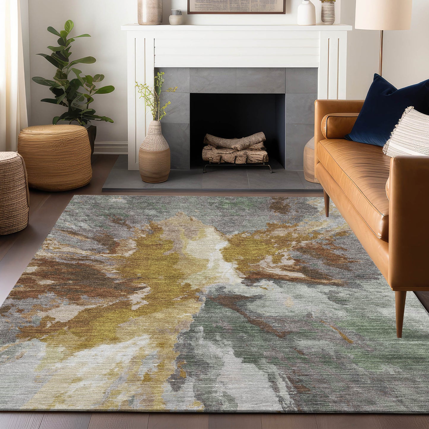 9' X 12' Gold And Gray Abstract Washable Indoor Outdoor Area Rug-8