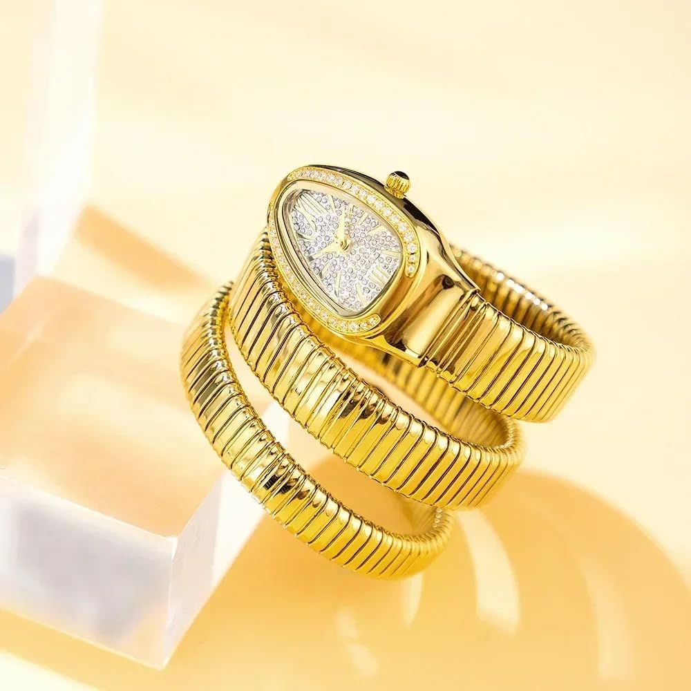 KLSKLYL Iced Out Snake Bracelet Fashion Women's Watch Gold Steel Wrapped Strap Quartz Watches Women Casual Ladies Wristwatch (Gold)