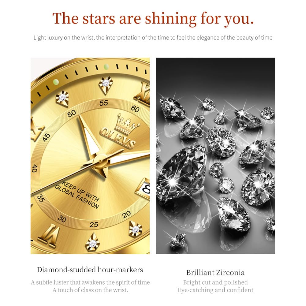 OLEVS Watch Women Gold Watches for Women Waterproof Dress Original Analog Quartz Adjustable Diamond Fashion Casual Classic Easy Read Round Stainless Steel Water Resistant Ladies Small Wrist Watch Woman Lady Female Wristwatch