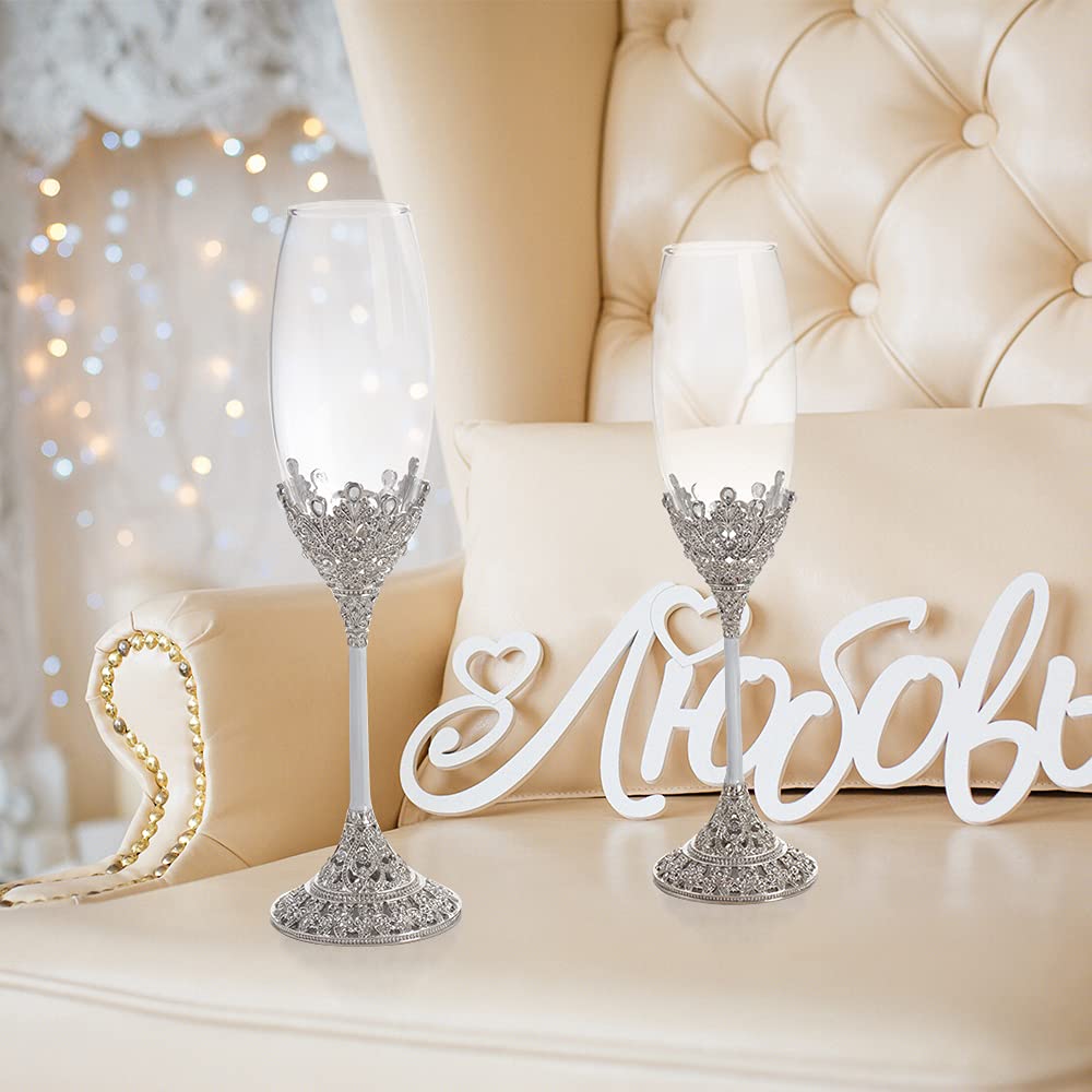 LASODY Crystal Set Champagne Flutes - Wedding Glasses for Bride & Groom - Toasting Cups Gift Sets for Couples - Engagement, Wedding, House Warming Gift