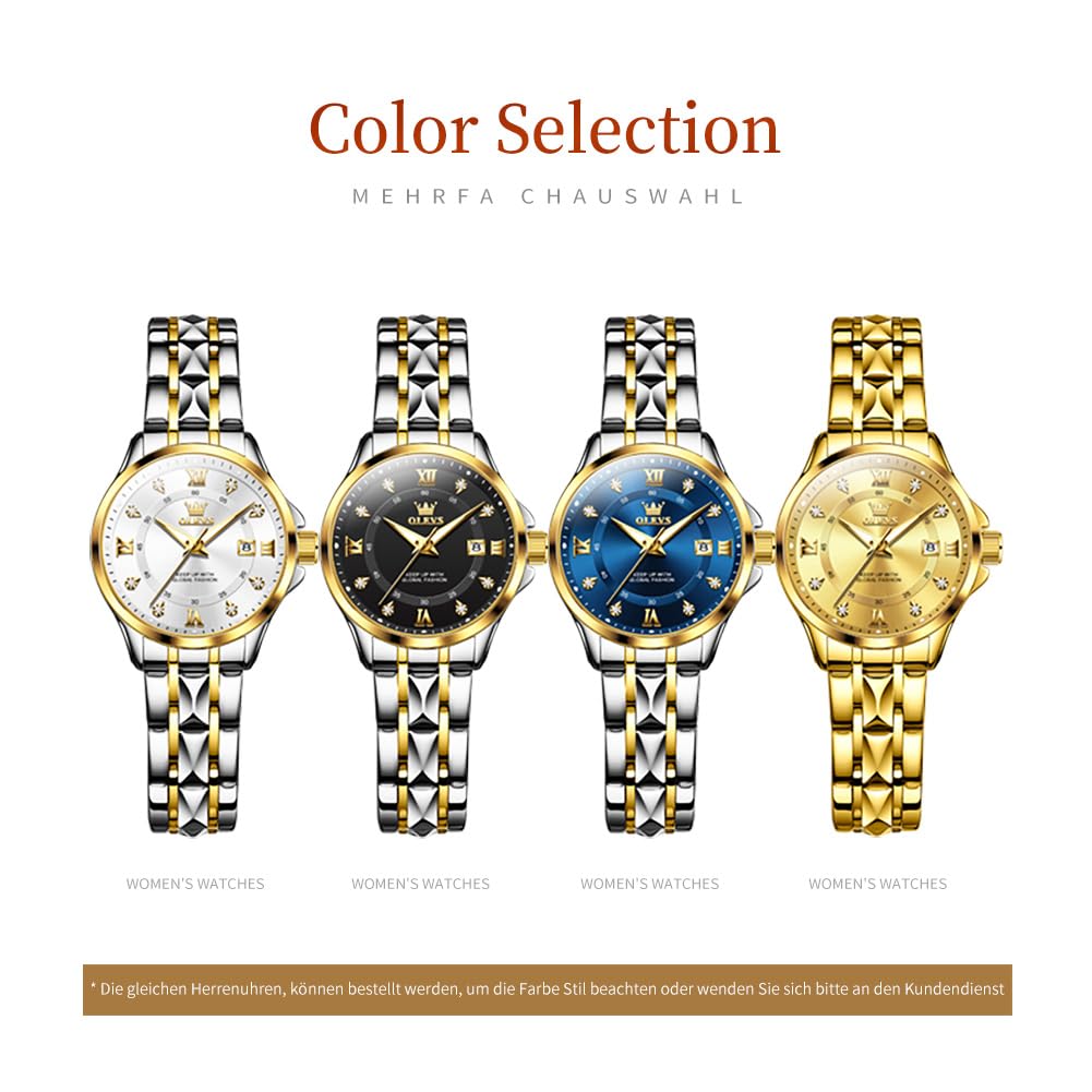 OLEVS Watch Women Gold Watches for Women Waterproof Dress Original Analog Quartz Adjustable Diamond Fashion Casual Classic Easy Read Round Stainless Steel Water Resistant Ladies Small Wrist Watch Woman Lady Female Wristwatch