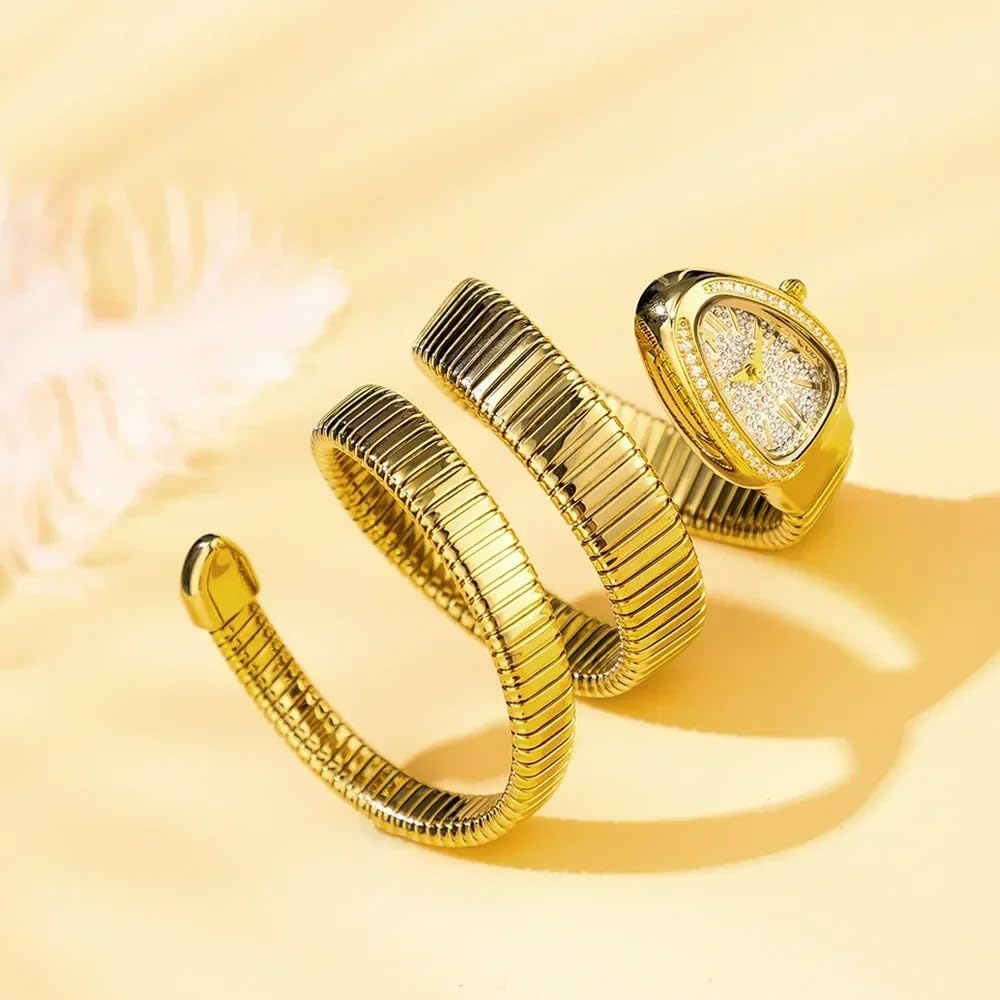 KLSKLYL Iced Out Snake Bracelet Fashion Women's Watch Gold Steel Wrapped Strap Quartz Watches Women Casual Ladies Wristwatch (Gold)