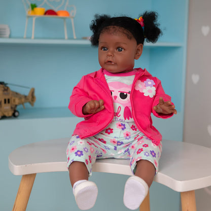 TERABITHIA 24 Inch Huge Size Rooted Curly Hair Lifelike African American Newborn Toddler Girl Dolls with Soft Weighted Body,Dark Brown Skin Realistic Reborn Baby Doll Child Birthday Gift Set