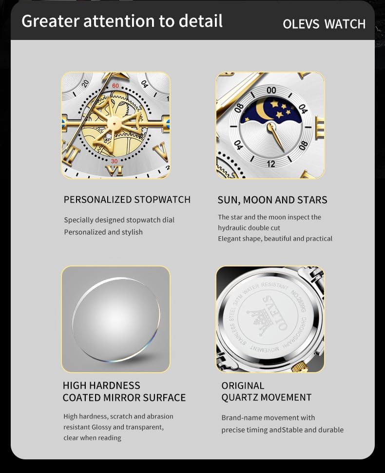 OLEVS Luxury Silver Men Watch Analog Quartz Silver Gold Stainless Steel Men's Watch Casual Wristwatch for Men Business Classic Mens Watches Gold White Dial Relojes para Hombres Fashion Mens Watches