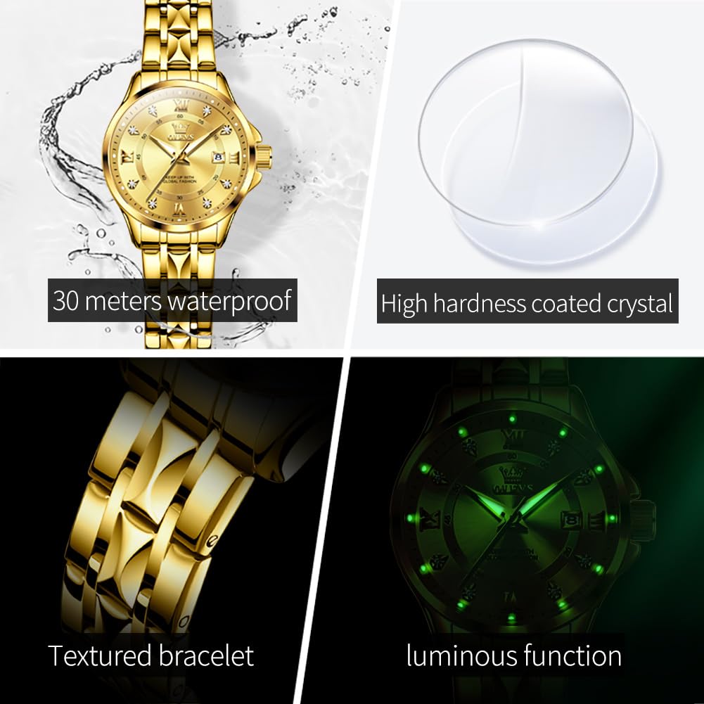 OLEVS Watch Women Gold Watches for Women Waterproof Dress Original Analog Quartz Adjustable Diamond Fashion Casual Classic Easy Read Round Stainless Steel Water Resistant Ladies Small Wrist Watch Woman Lady Female Wristwatch