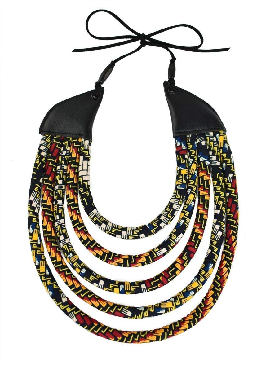 African Jewelry Necklace | Ketepa Print Jewelry | The Monarch African Bib Necklace | Ketepa 5 Strand Bib Necklace | Afrocentric Collar | Cloth & Cord