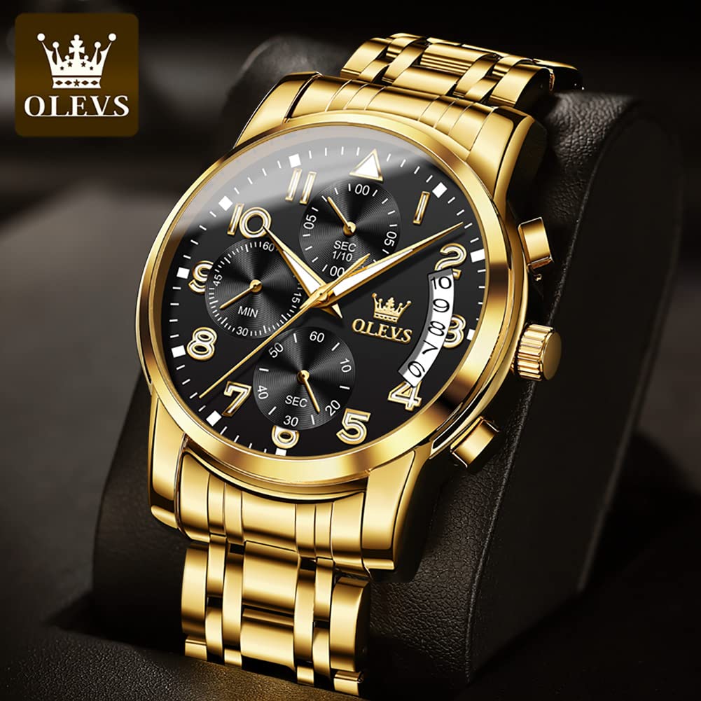 OLEVS Gold Watches for Men Dress Original Luxury Waterproof Analog Watches for Men Big Wrists Stainless Steel Chronograph Elegant Men's Watch Luxury Fashion Golden Black Big Face Watch Relojes para hombres