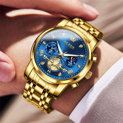 Olevs Gold Watches For Men Mens Gold Watch Big Face Watch For Men Luxury Watches For Man Blue Business Stainless Steel Dress Analog Quartz Chronograph Moon Phase Luminous Waterproof Easy To Read Reloj De Hombre