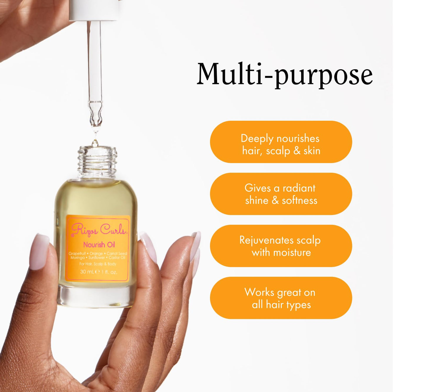 Rizos Curls Nourish Oil Strength & Frizz Control - Improve Split Ends & Repair Dry Brittle Hair Smooths & Hydrates All Hair Types Straight, Wavy, Curly Non-Greasy, Sulfate & Paraben Free