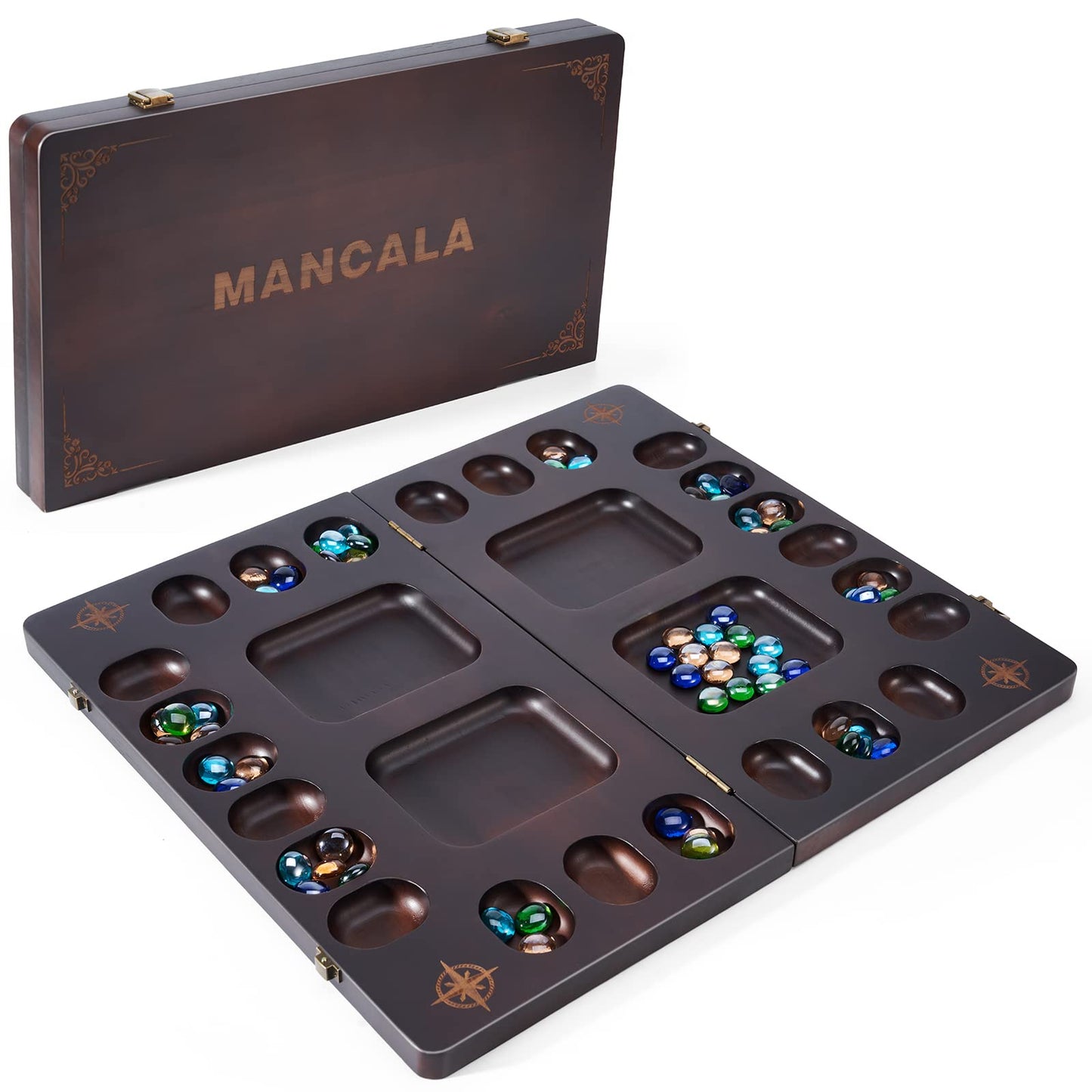 VAMSLOVE Mancala 4 Player Board Game Set, Luxury Solid Wood Folding Mancala Board, 96+12 Bonus Multi Color Glass Stone Beads Game Instructions Included