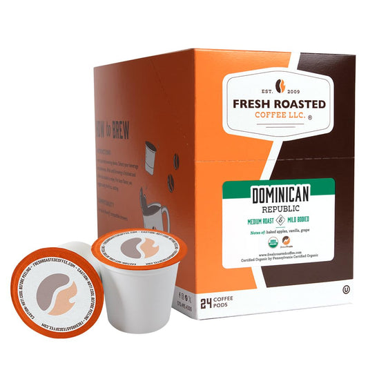 Fresh Roasted Coffee, Direct Trade Organic Dominican Republic, Medium Roast, Kosher | 24 Pods for K Cup Brewers