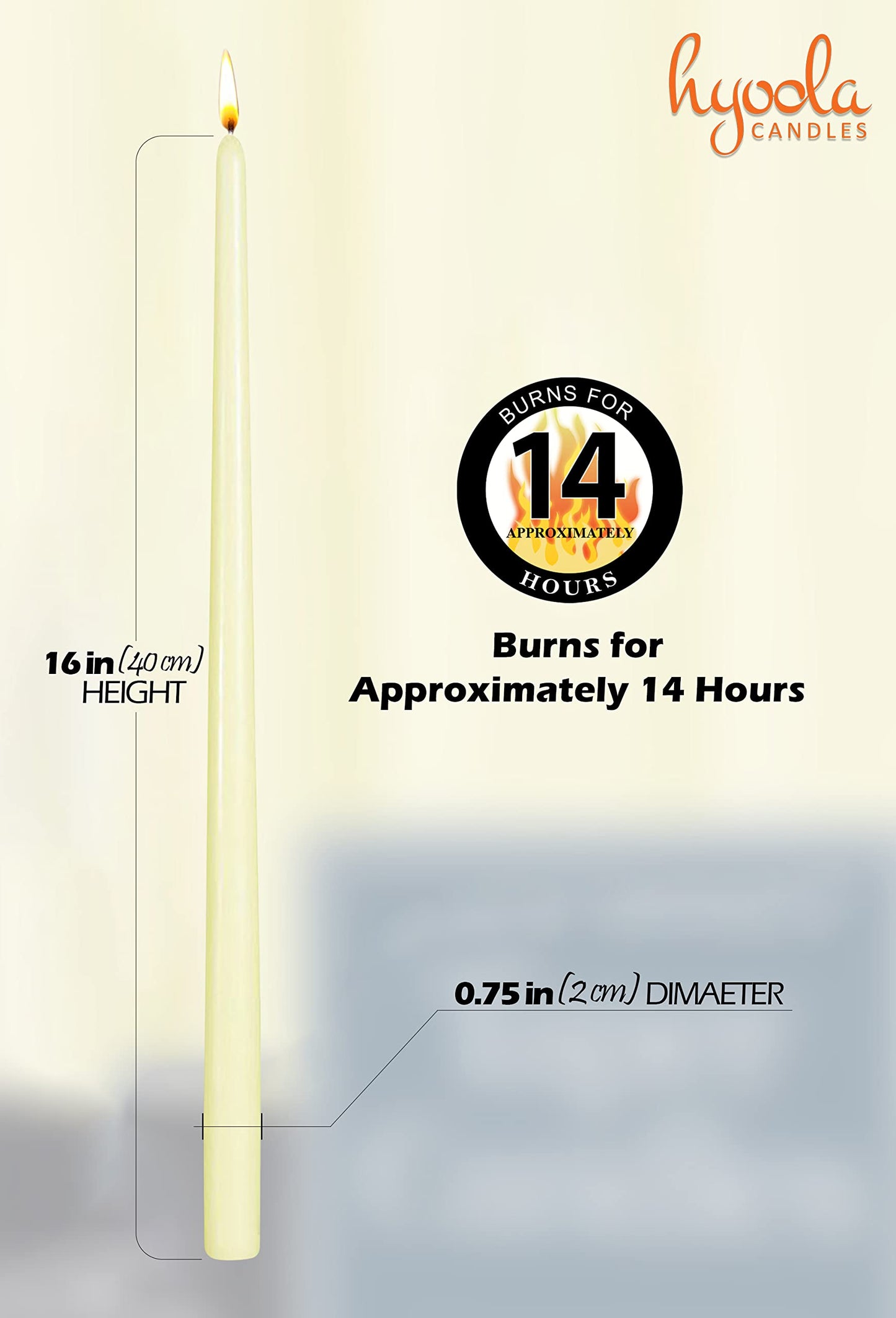 Hyoola Tall Taper Candles - 16 Inch Ivory Unscented Dripless Taper Candles - 14 Hour Burn Time - 8 Pack