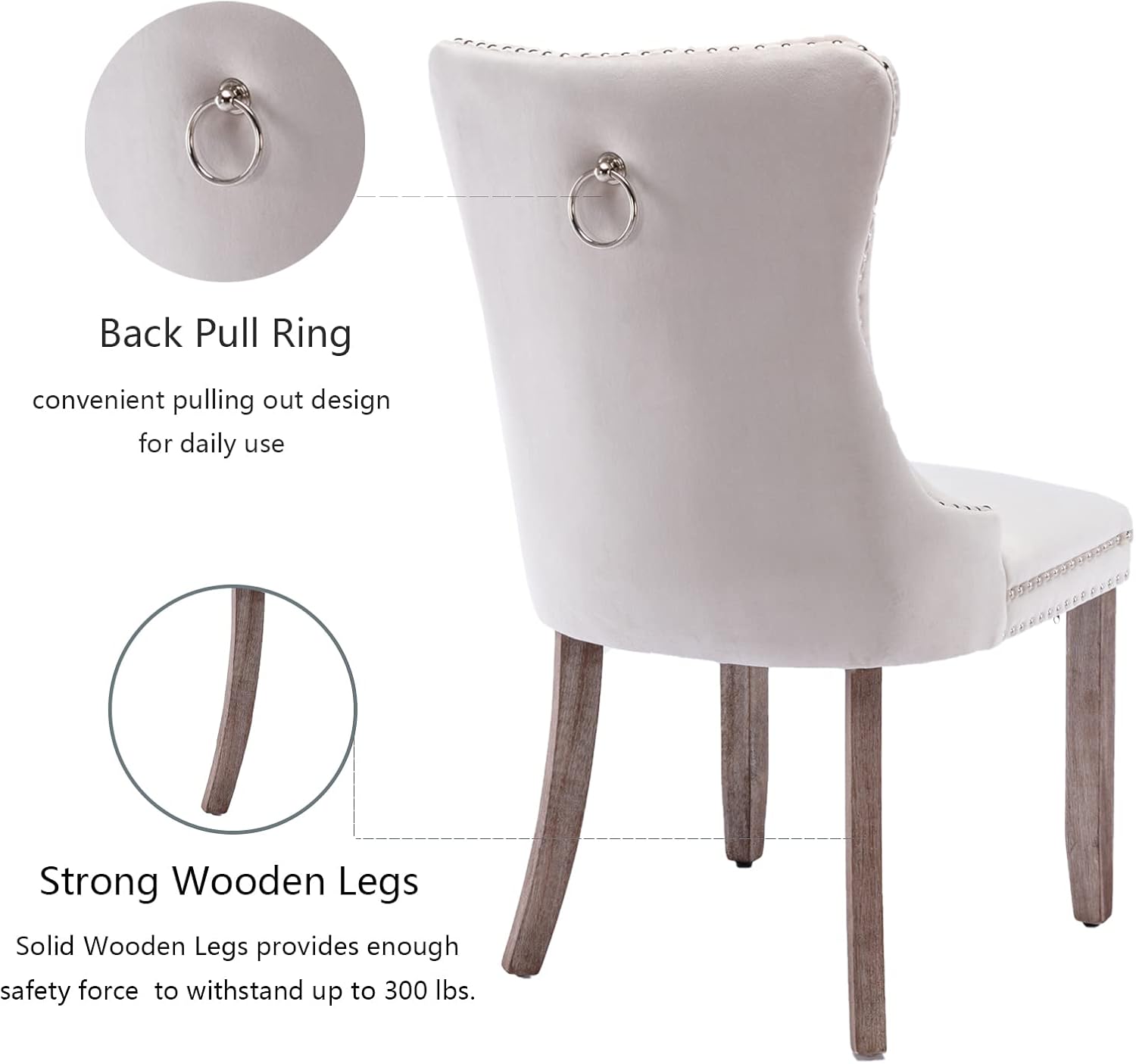 Beige Velvet Dining Chairs Set of 6, Upholstered Dining Room Chairs with Back Ring Pull Trim and Solid Wood Legs, Tufted Wingback Kitchen Chairs for Dining Room,Living Room,Kitchen(Beige)-4