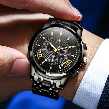 OLEVS Watch Men Black Watches for Men Chronograph Stainless Steel Mens Watches Big Face Classic Luxury Men's Wrist Watch with Date Luminous Waterproof Dress Analog Quartz Relojes para Hombres