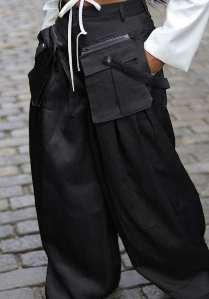 Vaceky Women's Satin Palazzo Pants Wide Leg Dressy Casual Flowy Cargo Pant Trousers with Pockets Black