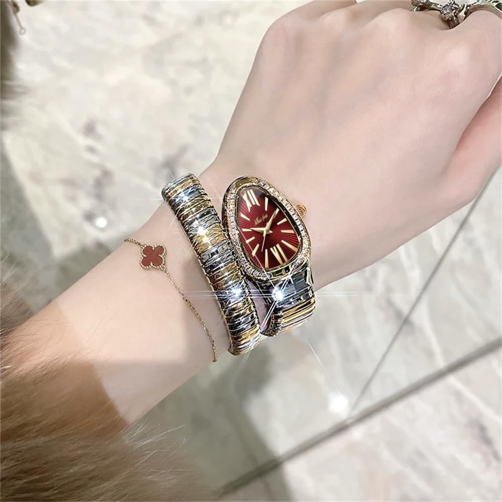 DAXIAOYU Classic Snake Shape Watch for Women Gold Silver Scaleable Bracelet Womens Watches Bling Diamonds Quartz Ladies Wristwatch (silvergold-red)