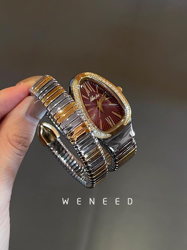 DAXIAOYU Classic Snake Shape Watch for Women Gold Silver Scaleable Bracelet Womens Watches Bling Diamonds Quartz Ladies Wristwatch (silvergold-red)
