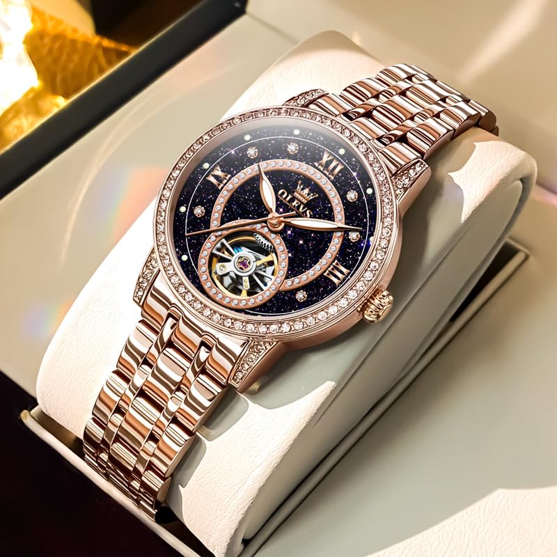 OLEVS Women’s Watch Automatic Diamond Tourbillon Luxury Fashion Stainless Steel Waterproof Luminous Wrist Watches for Ladies Gift Rose Gold/Starry Sky Blue/Silver