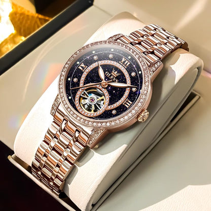 OLEVS Women’s Watch Automatic Diamond Tourbillon Luxury Fashion Stainless Steel Waterproof Luminous Wrist Watches for Ladies Gift Rose Gold/Starry Sky Blue/Silver