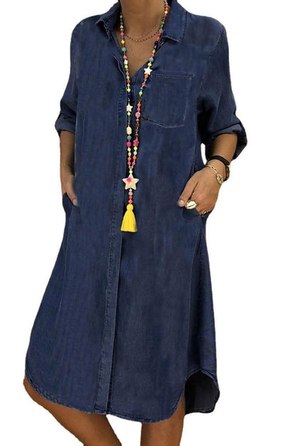 CHARTOU Women Long Sleeve Denim Button Up Shirt Dress Midi Jean Dress Flowy Tunic Shift Dress Flared A Line Dress (X-Small, Navy Blue)