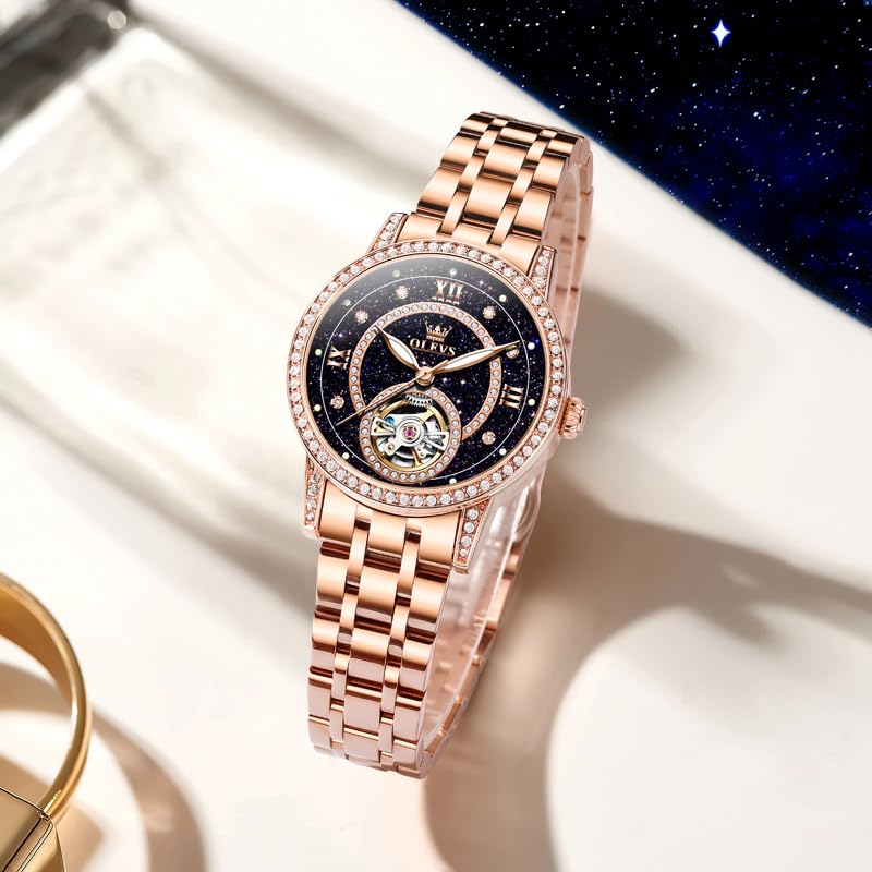 OLEVS Women’s Watch Automatic Diamond Tourbillon Luxury Fashion Stainless Steel Waterproof Luminous Wrist Watches for Ladies Gift Rose Gold/Starry Sky Blue/Silver