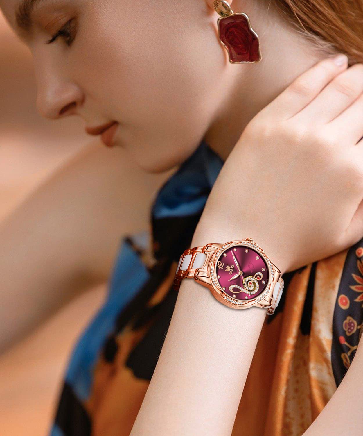 OLEVS Women Diamond Watch Automatic Self Winding Mechanical Ladies Skeleton Rose Gold Ceramic Wrist Watch