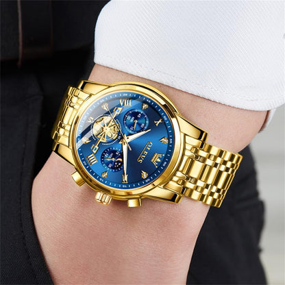 Olevs Gold Watches For Men Mens Gold Watch Big Face Watch For Men Luxury Watches For Man Blue Business Stainless Steel Dress Analog Quartz Chronograph Moon Phase Luminous Waterproof Easy To Read Reloj De Hombre