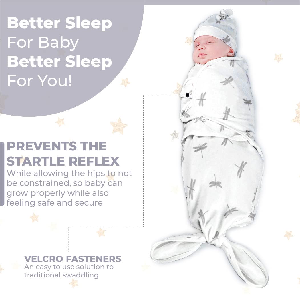 Jam Naturals- Organic Knotted Tie Bottom Adjustable Velcro Swaddle and Hat Set of 3, Newborn Sleep Sack (0-3m, 7-14lbs Grey)