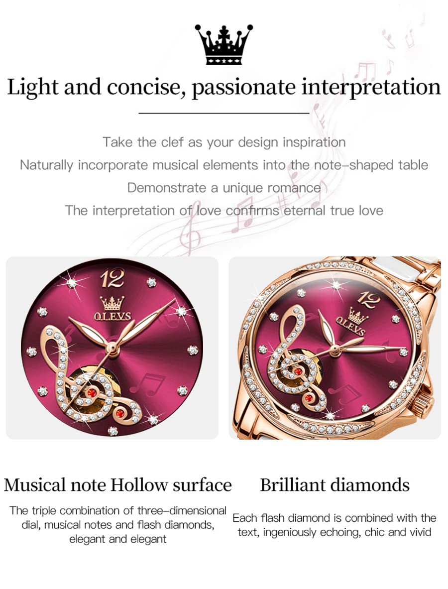 OLEVS Women Diamond Watch Automatic Self Winding Mechanical Ladies Skeleton Rose Gold Ceramic Wrist Watch