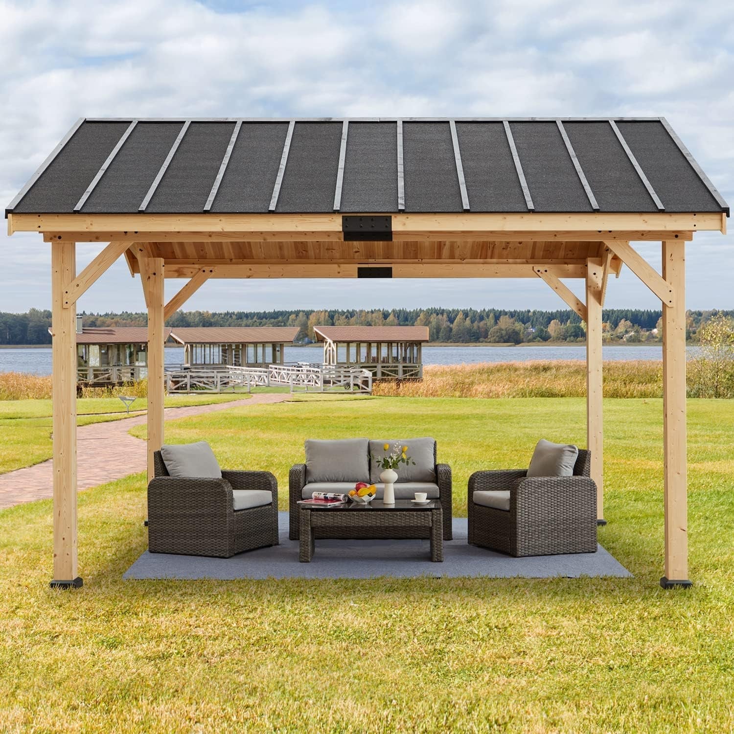 12x15 Spruce Wood Hardtop Gazebo Asphalt Roof-0