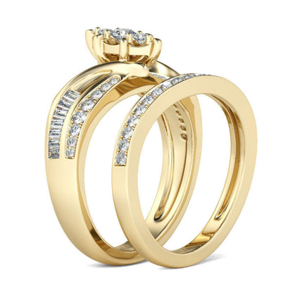 Jeulia Gold Tone Cluster Round Cut Sterling Silver Ring Set for Engagement Anniversary Eternity Promise Wedding Band Ring Set With Jewelry Box (8.5)