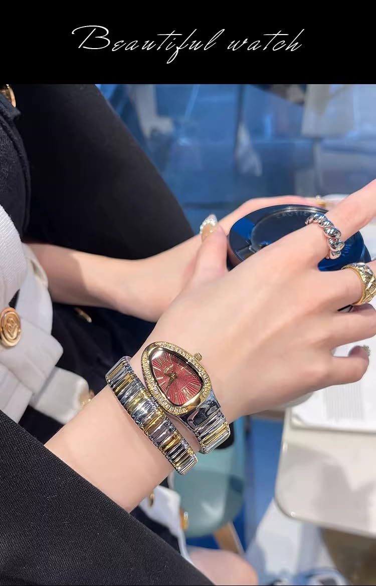 DAXIAOYU Classic Snake Shape Watch for Women Gold Silver Scaleable Bracelet Womens Watches Bling Diamonds Quartz Ladies Wristwatch (silvergold-red)