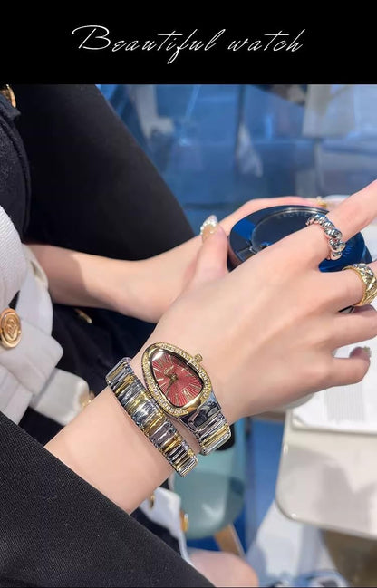DAXIAOYU Classic Snake Shape Watch for Women Gold Silver Scaleable Bracelet Womens Watches Bling Diamonds Quartz Ladies Wristwatch (silvergold-red)