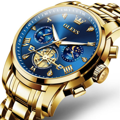 Olevs Gold Watches For Men Mens Gold Watch Big Face Watch For Men Luxury Watches For Man Blue Business Stainless Steel Dress Analog Quartz Chronograph Moon Phase Luminous Waterproof Easy To Read Reloj De Hombre