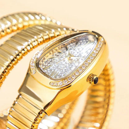 KLSKLYL Iced Out Snake Bracelet Fashion Women's Watch Gold Steel Wrapped Strap Quartz Watches Women Casual Ladies Wristwatch (Gold)