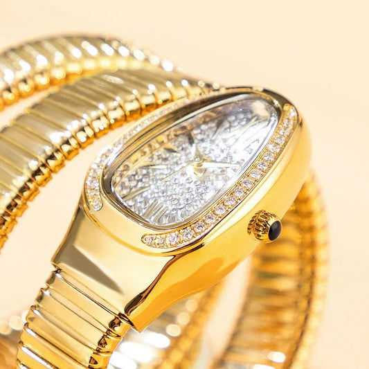 KLSKLYL Iced Out Snake Bracelet Fashion Women's Watch Gold Steel Wrapped Strap Quartz Watches Women Casual Ladies Wristwatch (Gold)
