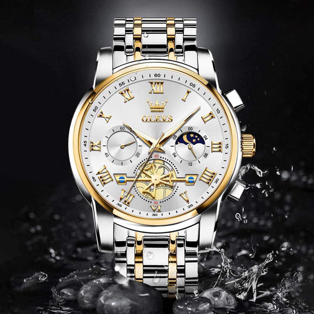OLEVS Luxury Silver Men Watch Analog Quartz Silver Gold Stainless Steel Men's Watch Casual Wristwatch for Men Business Classic Mens Watches Gold White Dial Relojes para Hombres Fashion Mens Watches