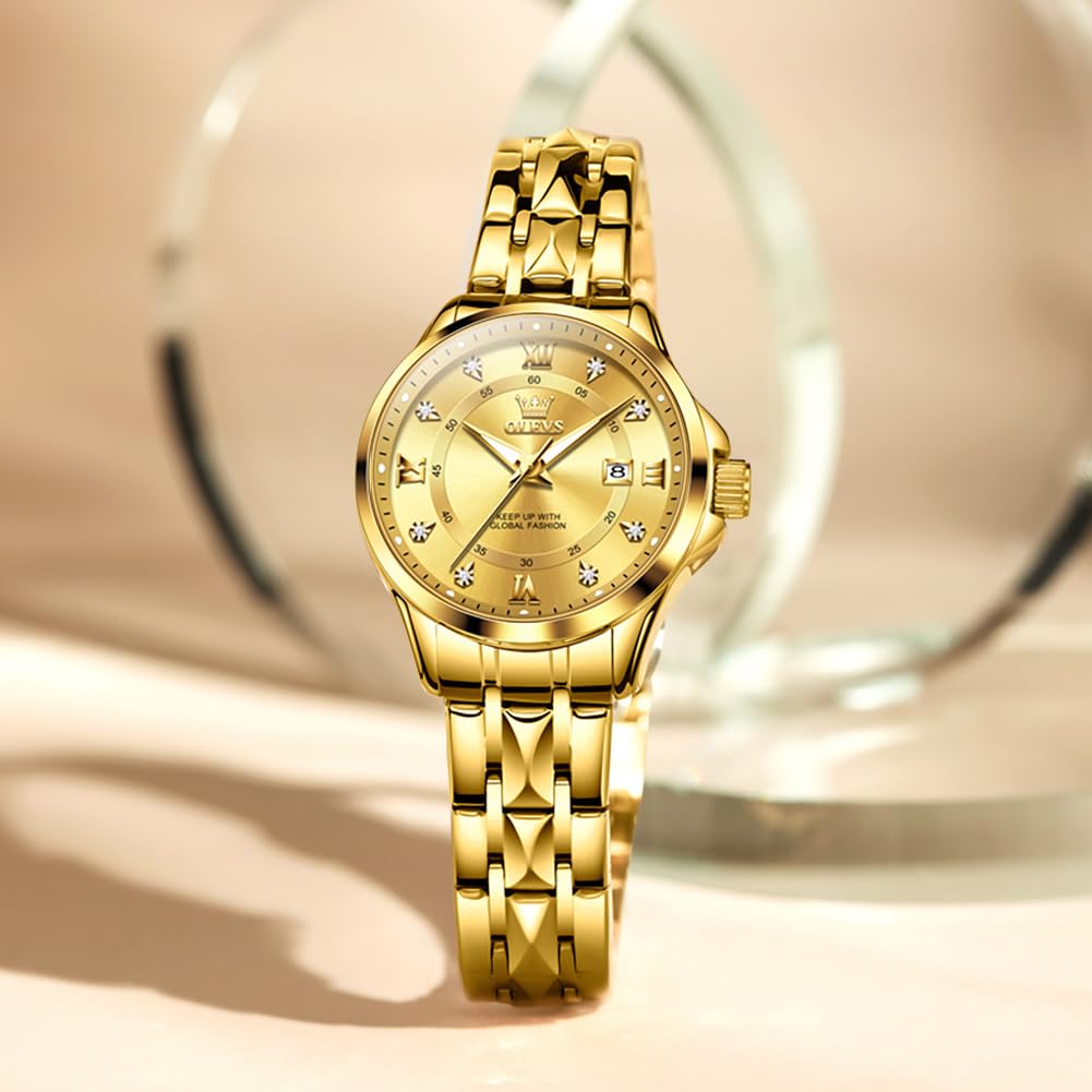 OLEVS Watch Women Gold Watches for Women Waterproof Dress Original Analog Quartz Adjustable Diamond Fashion Casual Classic Easy Read Round Stainless Steel Water Resistant Ladies Small Wrist Watch Woman Lady Female Wristwatch