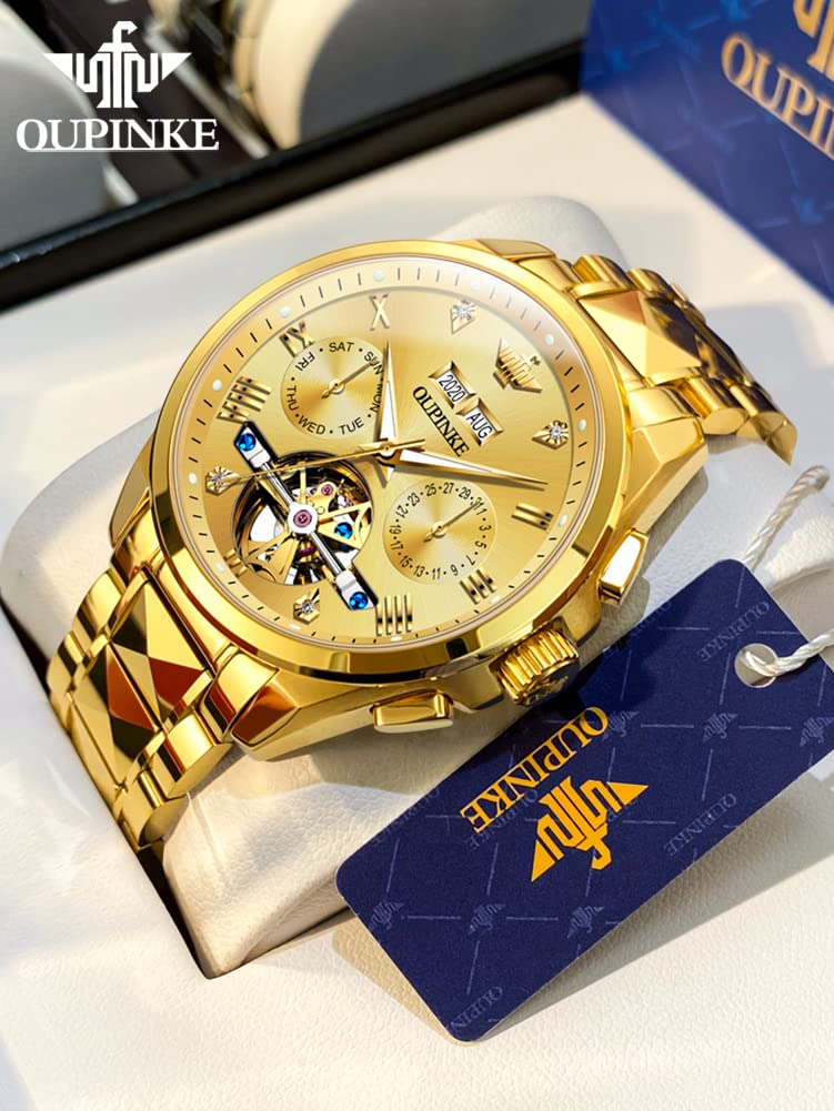 OUPINKE Gold Men Automatic Mechanical Wrist Watches Luxury Dress Tungsten Steel Luminous Waterproof Sapphire Diamond Calendar Best Gifts Men
