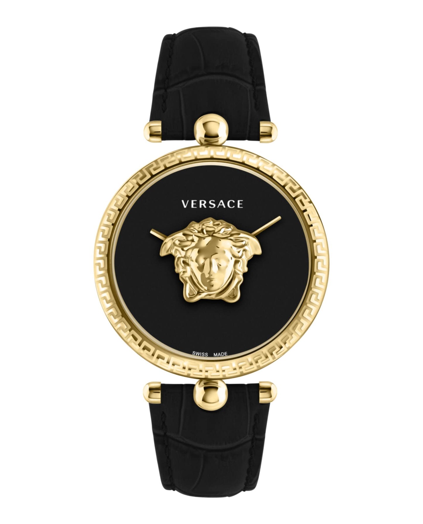 Versace Palazzo Empire Collection Luxury Womens Watch Timepieces with a Black Strap and Dial Featuring a Gold Case
