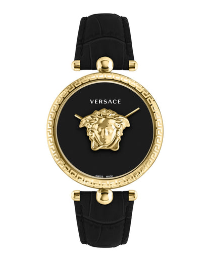 Versace Palazzo Empire Collection Luxury Womens Watch Timepieces with a Black Strap and Dial Featuring a Gold Case