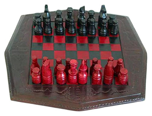 NOVICA Red and Black Wood and Leather Chess Set, African Battle'