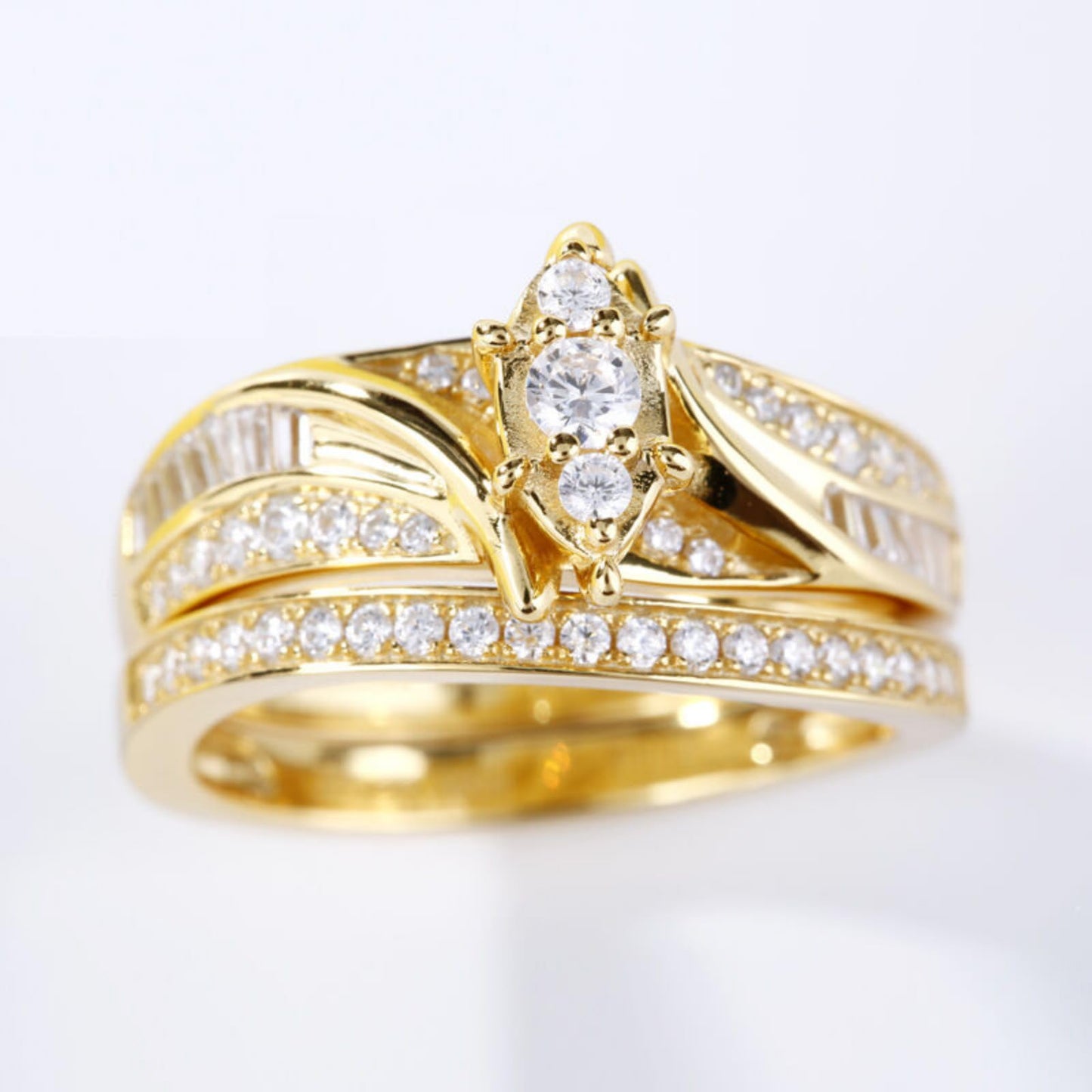 Jeulia Gold Tone Cluster Round Cut Sterling Silver Ring Set for Engagement Anniversary Eternity Promise Wedding Band Ring Set With Jewelry Box (8.5)