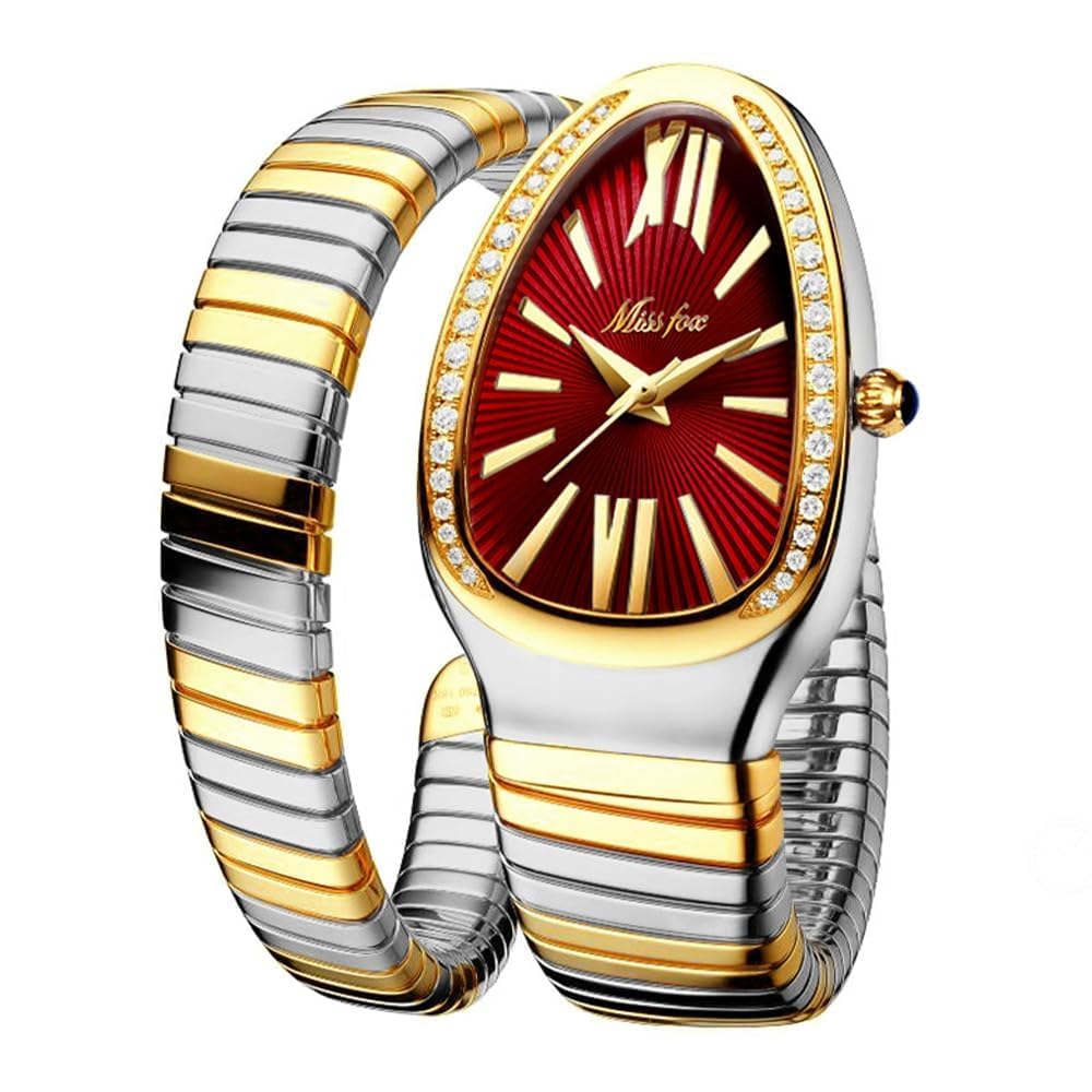 DAXIAOYU Classic Snake Shape Watch for Women Gold Silver Scaleable Bracelet Womens Watches Bling Diamonds Quartz Ladies Wristwatch (silvergold-red)