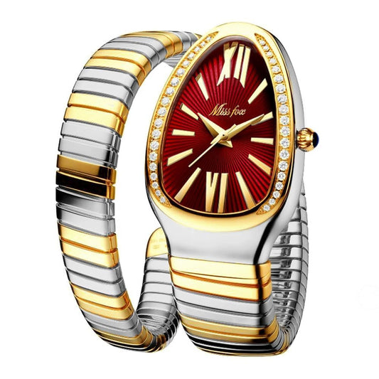 DAXIAOYU Classic Snake Shape Watch for Women Gold Silver Scaleable Bracelet Womens Watches Bling Diamonds Quartz Ladies Wristwatch (silvergold-red)