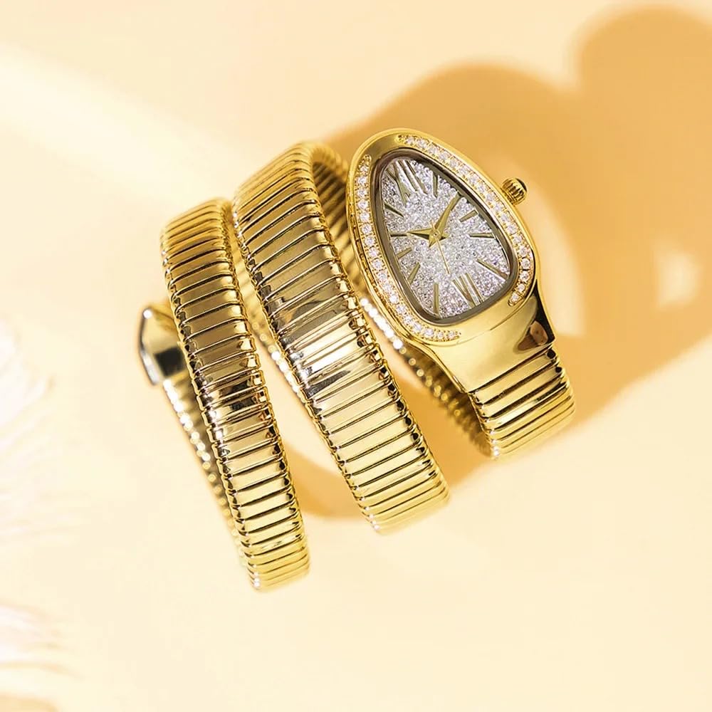 KLSKLYL Iced Out Snake Bracelet Fashion Women's Watch Gold Steel Wrapped Strap Quartz Watches Women Casual Ladies Wristwatch (Gold)