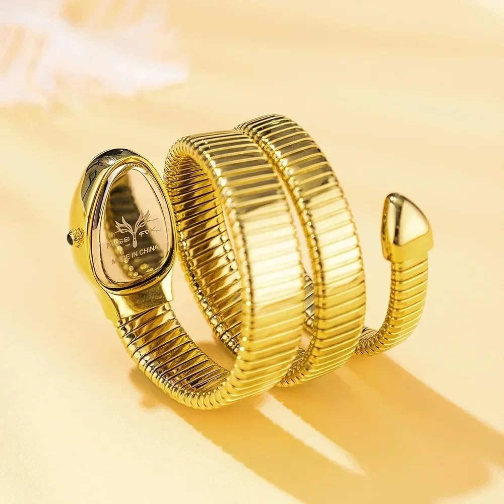 KLSKLYL Iced Out Snake Bracelet Fashion Women's Watch Gold Steel Wrapped Strap Quartz Watches Women Casual Ladies Wristwatch (Gold)