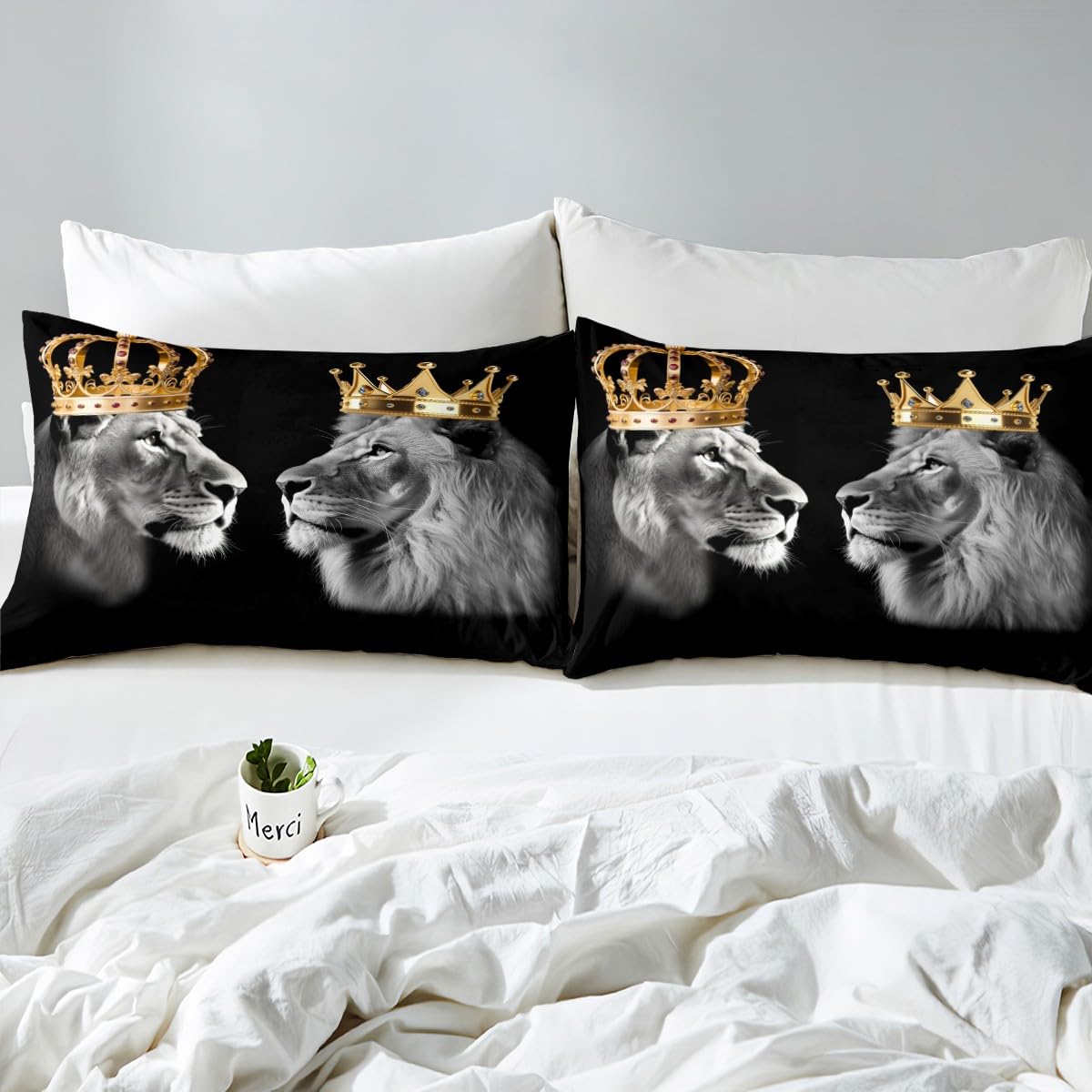 Wild Lion Couple Fitted Sheet Set Full Size 4pcs,Gold King and Queen Crown,Bedding Sets(1 Fitted, 1 Flat, 2 Pillowcases) Tropical African Animal Luxury Deep Pocket Bed Sheets, Modern