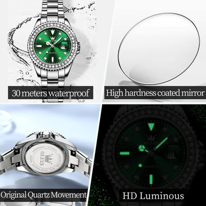 OLEVS Women Watch Silver and Green Watches for Women Small Wrist Ladies Diamond Classic Stainless Steel Dress Female Watches Analog Quartz Waterproof Date Women's Wrist Watch Luminous Reloj de Mujer